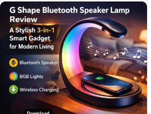 G Shape Bluetooth Speaker Lamp with RGB lighting, wireless charging pad and built-in speaker placed on a wooden table in a modern bedroom setup