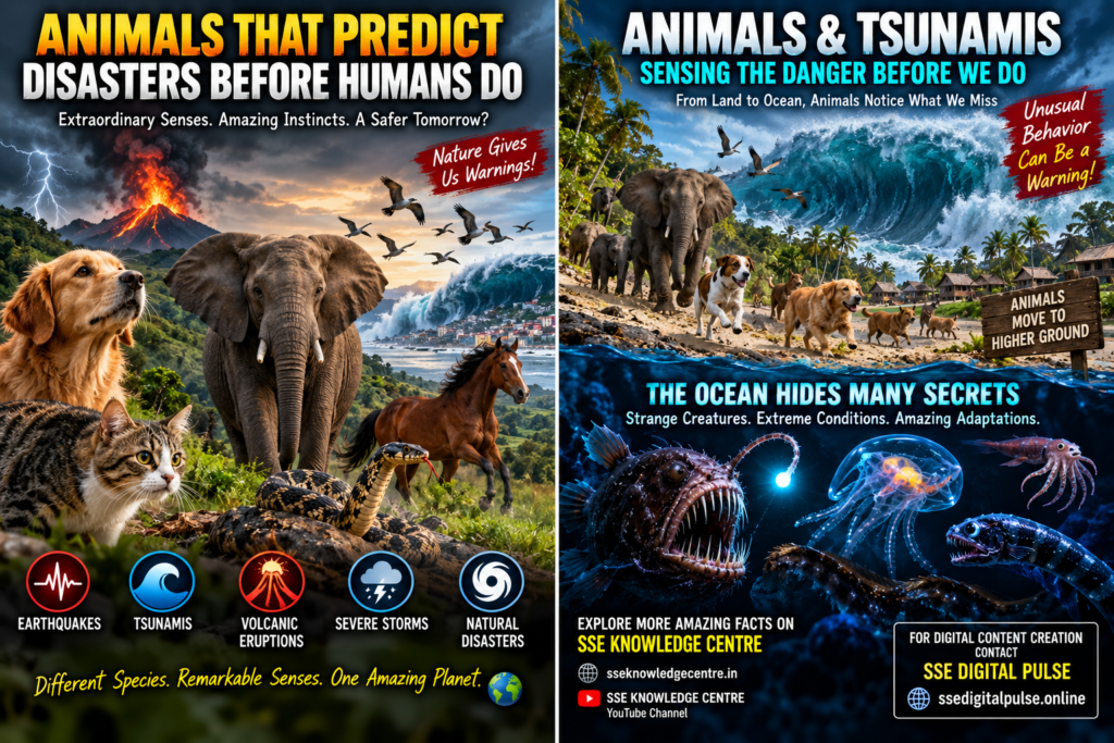 Animals that may sense natural disasters before humans, featuring a dog, elephant, horse, cat, snake, volcanic eruption, tsunami, and severe storms.